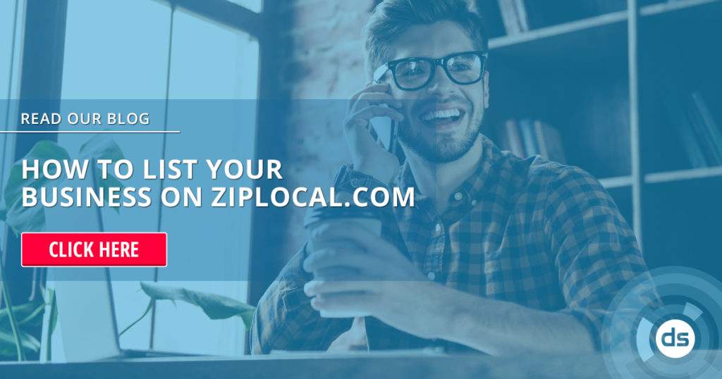 Smiling man talking on the phone with a "List your business on Ziplocal" promotional overlay encouraging business listing on ziplocal.com.