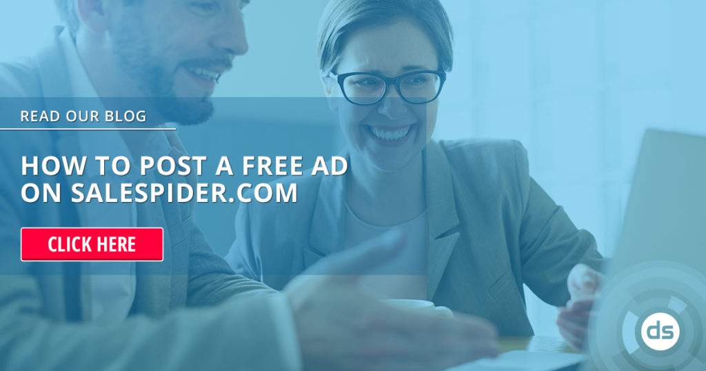 Two professionals smiling and working on a computer with a promotional overlay for posting a Free Ad on Salespider.
