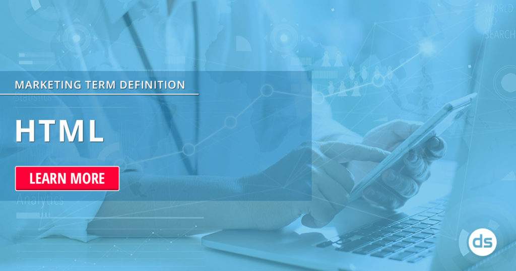Person using a laptop and smartphone with digital marketing and HTML concept overlay.